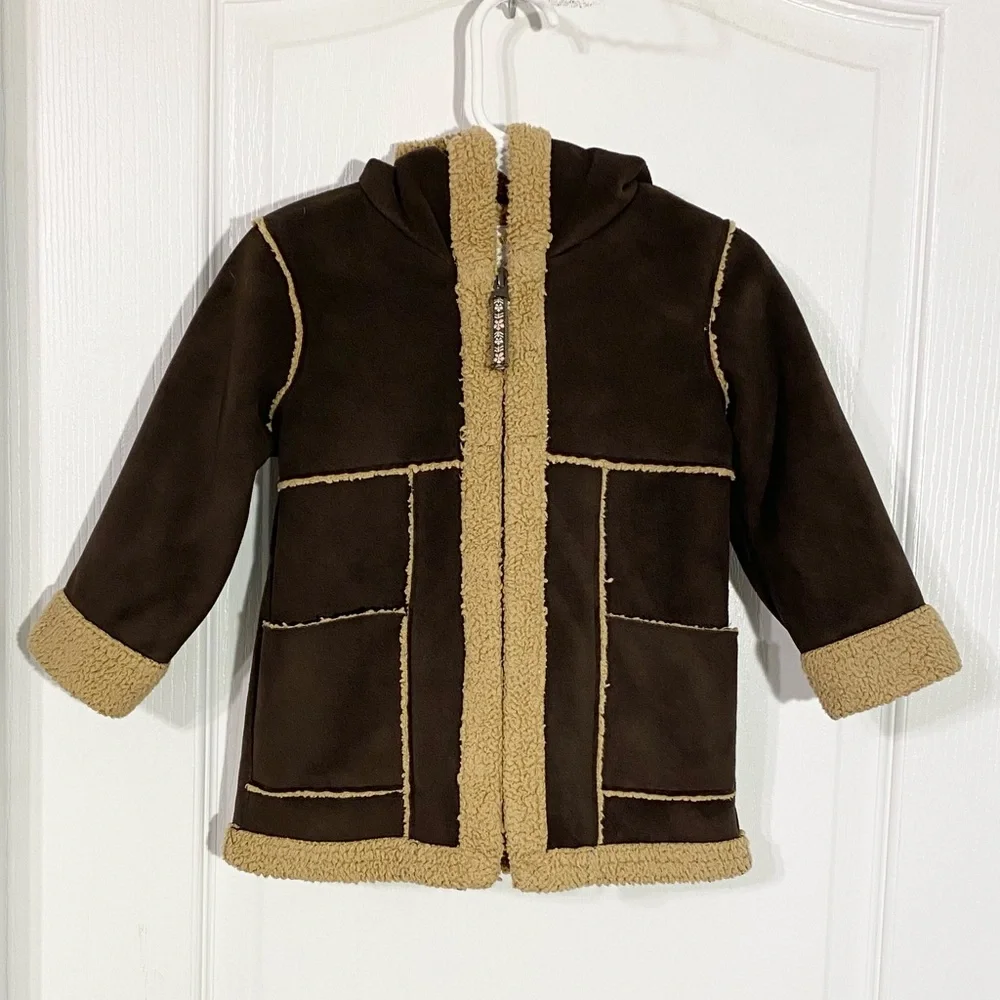 Y2K Old Navy Microsuede Sherpa Hooded Coat Vintage Brown Tan 18-24M Baby Girl